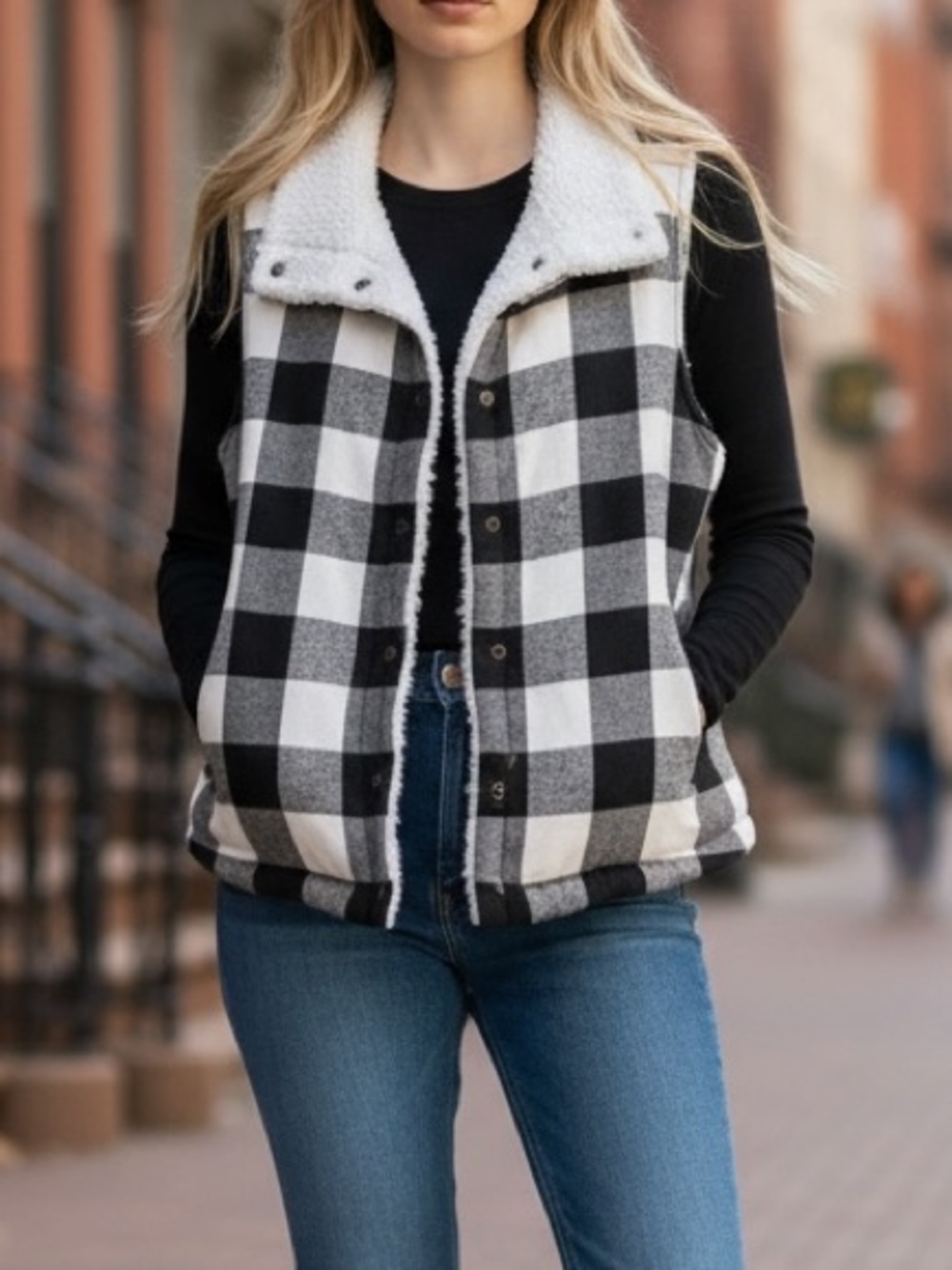 Black and White Buffalo Check Fleece Lined Snap Front Vest Size L